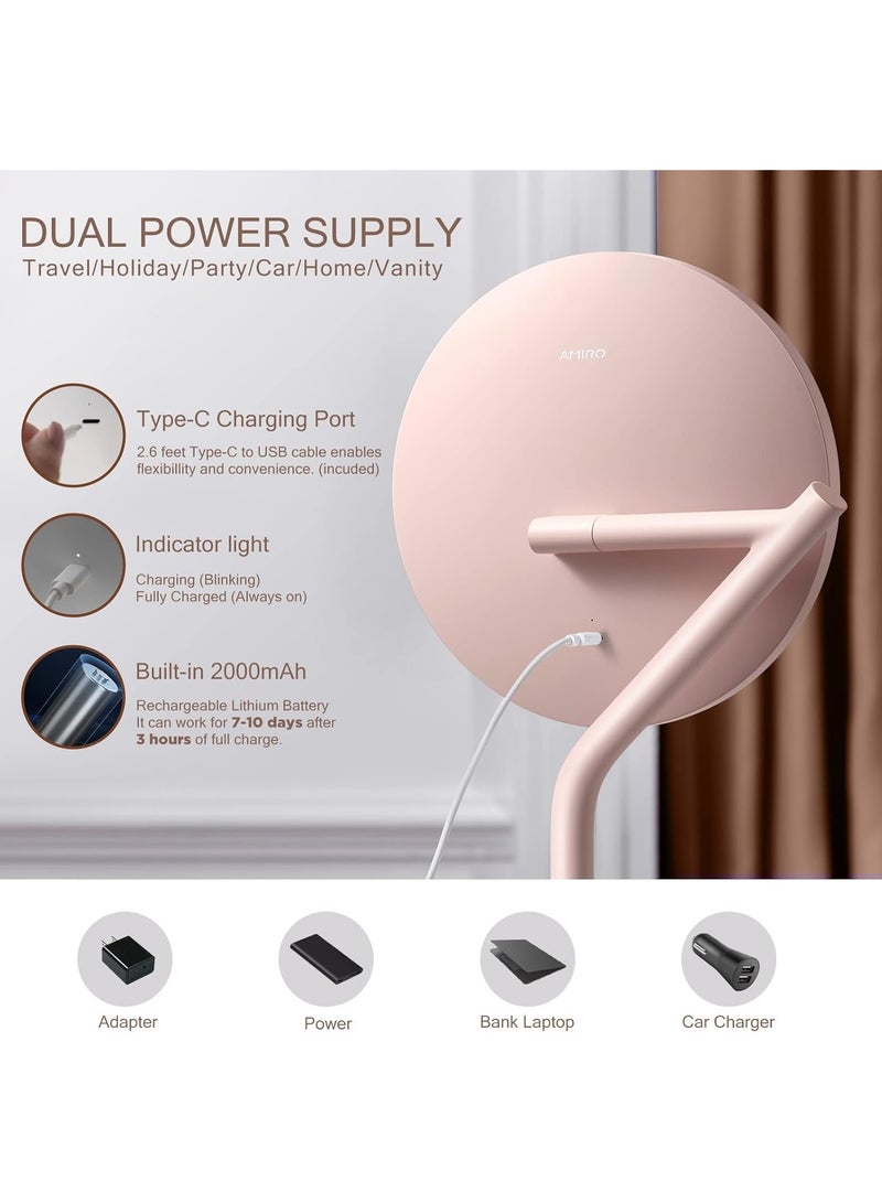 AMIRO AMIRO Rechargeable Lighted Makeup Mirror, 8'' LED Portable Vanity Mirror with Light, 5-Level Brightness Touch Screen Control Memory Function 180° Rotation Detachable 5X Magnification Pocket Mirror Pink  - Image 4