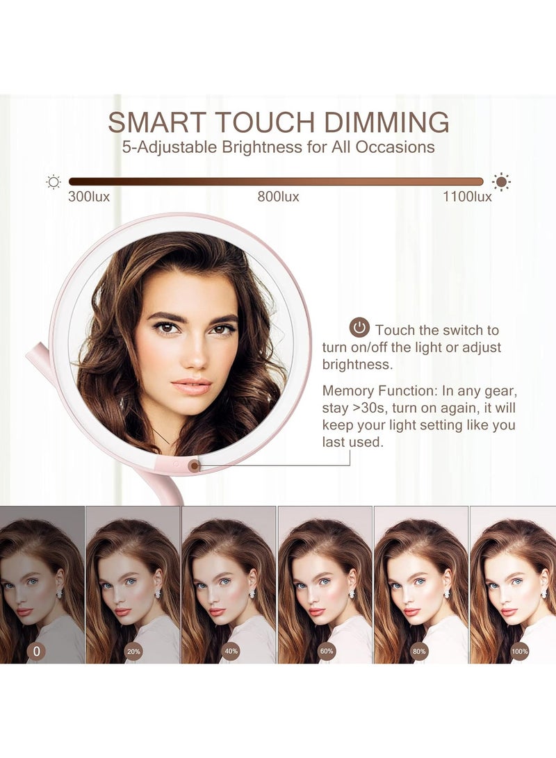AMIRO AMIRO Rechargeable Lighted Makeup Mirror, 8'' LED Portable Vanity Mirror with Light, 5-Level Brightness Touch Screen Control Memory Function 180° Rotation Detachable 5X Magnification Pocket Mirror Pink  - Image 5