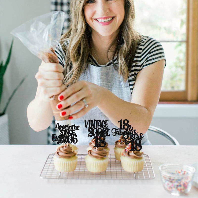Rsstarxi 24 Pack Vintage 2006 Cupcake Toppers Black Glitter Happy 18th Birthday Cheers to 18 Eighteen 18 Fabulous Cupcake Picks for Sweet 18th Birthday Wedding Anniversary Party Cake Decorations - Image 3