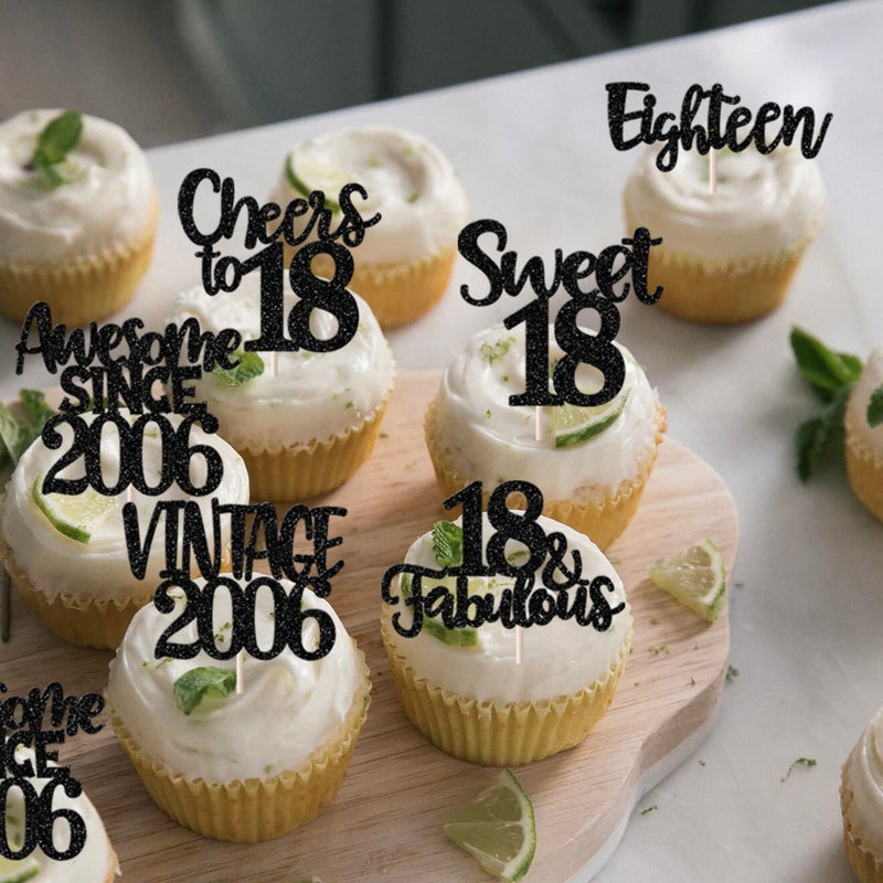 Rsstarxi 24 Pack Vintage 2006 Cupcake Toppers Black Glitter Happy 18th Birthday Cheers to 18 Eighteen 18 Fabulous Cupcake Picks for Sweet 18th Birthday Wedding Anniversary Party Cake Decorations - Image 2