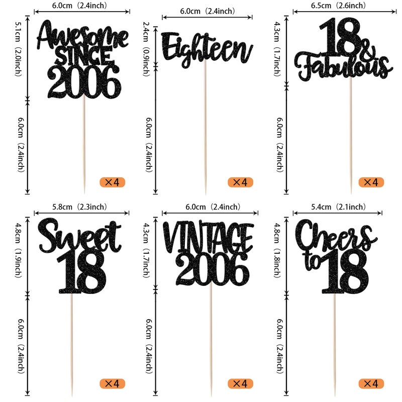 Rsstarxi 24 Pack Vintage 2006 Cupcake Toppers Black Glitter Happy 18th Birthday Cheers to 18 Eighteen 18 Fabulous Cupcake Picks for Sweet 18th Birthday Wedding Anniversary Party Cake Decorations - Image 1