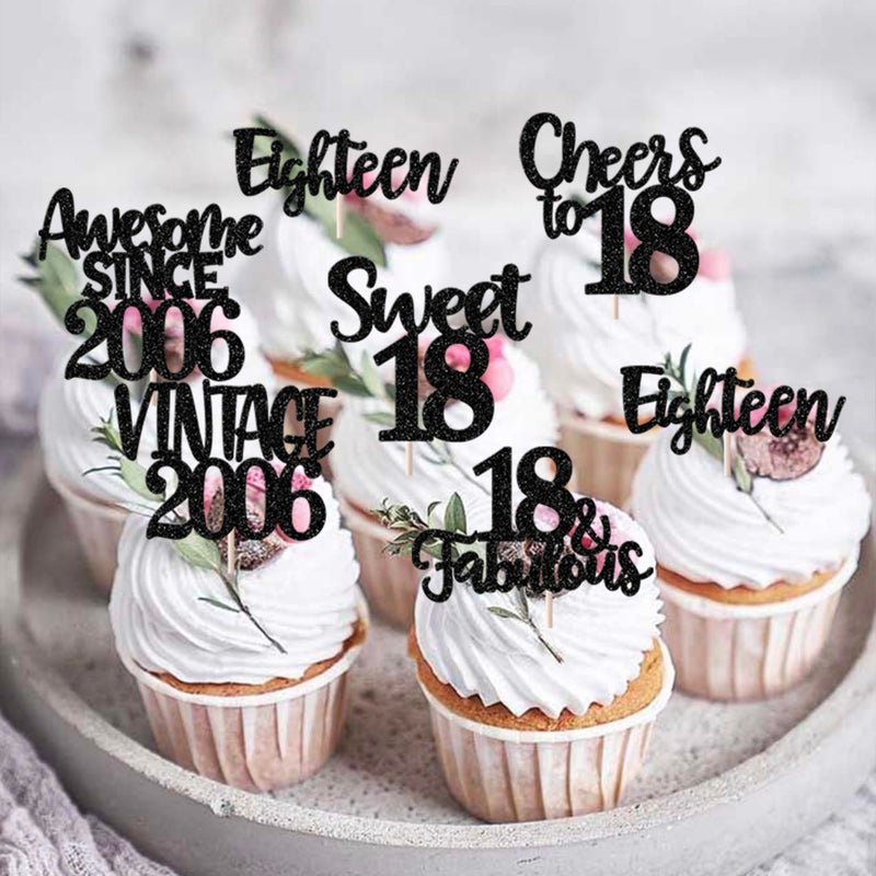 Rsstarxi 24 Pack Vintage 2006 Cupcake Toppers Black Glitter Happy 18th Birthday Cheers to 18 Eighteen 18 Fabulous Cupcake Picks for Sweet 18th Birthday Wedding Anniversary Party Cake Decorations - Image 4