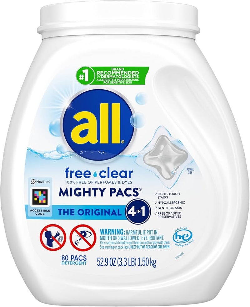 all Free Clear Mighty Pacs Laundry Detergent, for Sensitive Skin, Unscented and Dye Free, 80 Count - Image 1