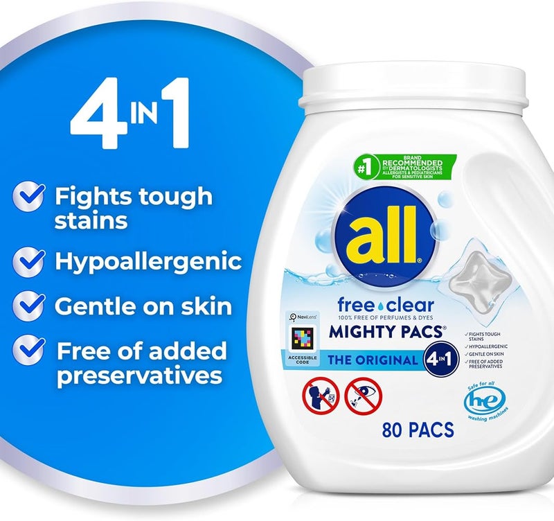 all Free Clear Mighty Pacs Laundry Detergent, for Sensitive Skin, Unscented and Dye Free, 80 Count - Image 2