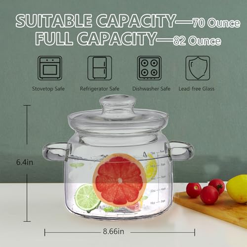 Jjojcll 2.3L(75oz) Glass Cooking Pot with Lid,Handmade Borosilicate Glass Stockpot with Graduations - Glass Saucepan with Cover for Cooking and Serving,Anchor Hocking Glass Pot - Image 2