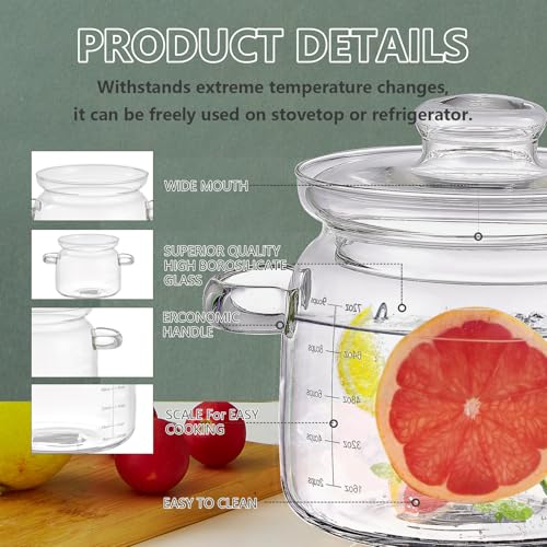 Jjojcll 2.3L(75oz) Glass Cooking Pot with Lid,Handmade Borosilicate Glass Stockpot with Graduations - Glass Saucepan with Cover for Cooking and Serving,Anchor Hocking Glass Pot - Image 4