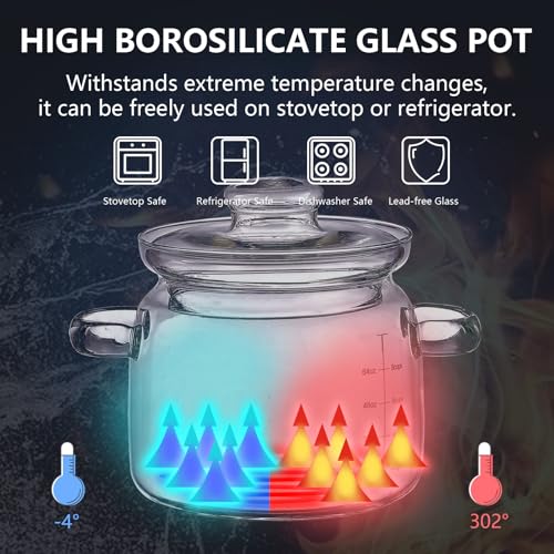 Jjojcll 2.3L(75oz) Glass Cooking Pot with Lid,Handmade Borosilicate Glass Stockpot with Graduations - Glass Saucepan with Cover for Cooking and Serving,Anchor Hocking Glass Pot - Image 3