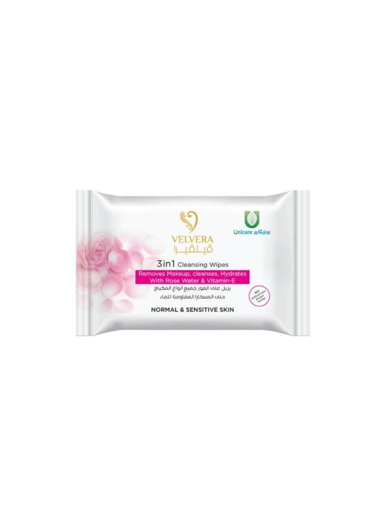 Velvera 3 in 1 Cleansing Wipes Removes Makeup, Cleanses, Hydrates With Rose & Vitamin-E 25Wipes - Image 1
