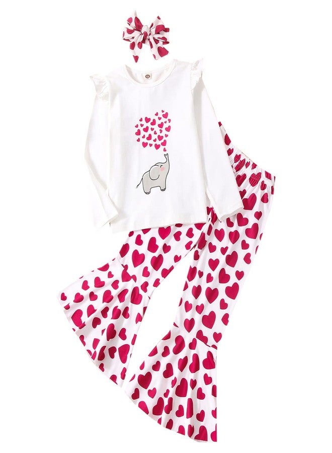 Rtnnsbbfcm Toddler Baby Girl Valentine's Day Outfit Long Sleeve Elephant Heart T-Shirt Top Bell Bottom Pants Headband 3Pcs Set (4-5T,White) - Image 1