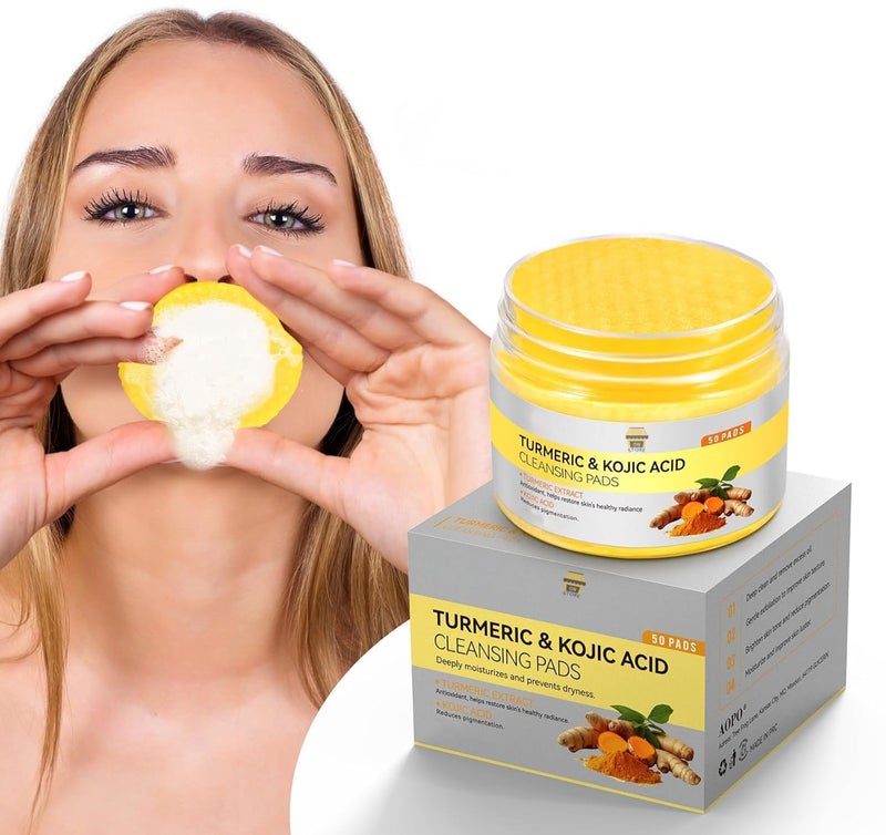 Kojic Acid and Turmeric Cleansing Pads Turmearic Cleansing with Vitamin B5 Vitamin C Infused Foaming Exfoliating Turmeric Lemon Chamomile Pads for Face TR14 - Image 1