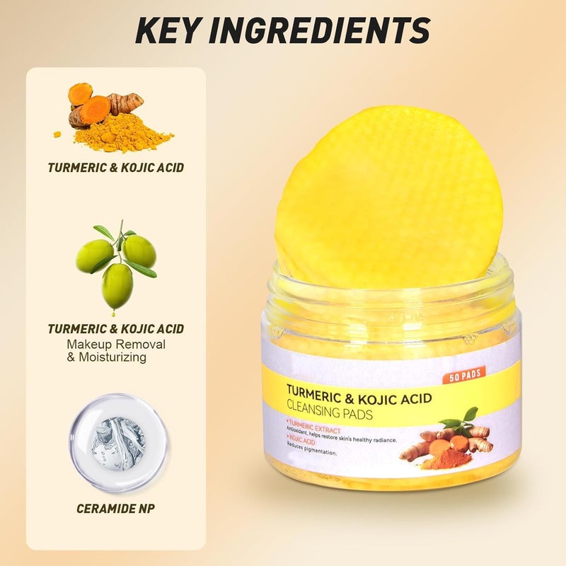 Kojic Acid and Turmeric Cleansing Pads Turmearic Cleansing with Vitamin B5 Vitamin C Infused Foaming Exfoliating Turmeric Lemon Chamomile Pads for Face TR14 - Image 4