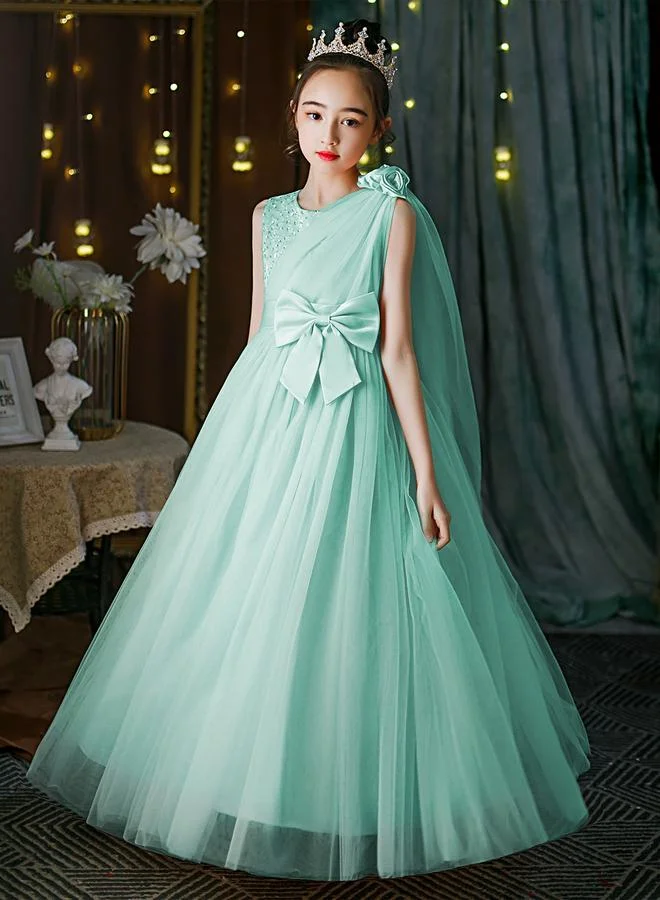 Styli Styli Turquoise Embellished Bow Detail Mesh Party Dress