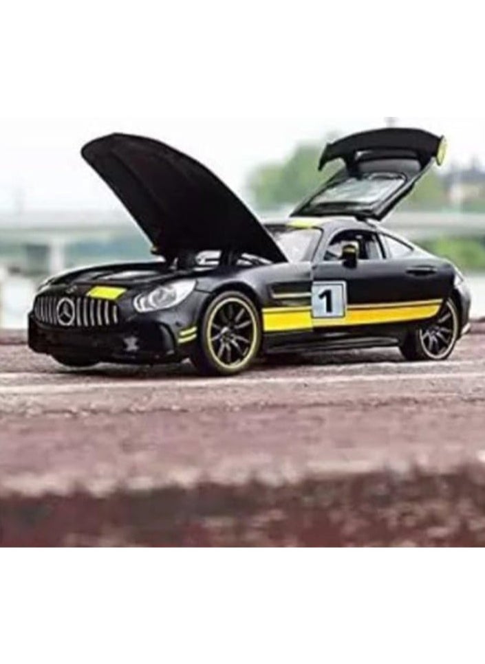 Generic - "Elegant metallic Mercedes car (Black/Yellow) with movable doors, trunk, and hood, emitting realistic sounds with headlight illumination, fast wheels that make it zoom like a rocket, and a length of 16 cm of excitement and fun!" - Image 1