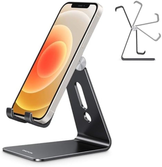 Omoton Adjustable Cell Phone Stand, OMOTON Aluminum Desktop Cellphone Stand with Anti-Slip Base and Convenient Charging Port, Fits All Smart Phones,  Silver - Image 1