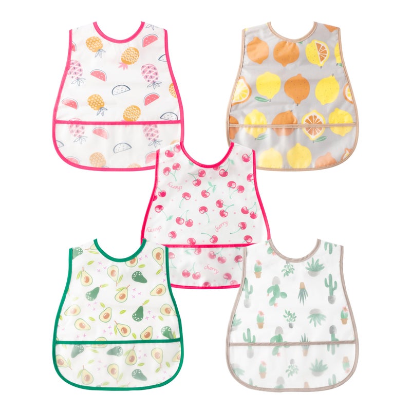 R HORSE 5Pcs Baby Toddler Bibs with Crumb Catcher Pocket & Snap Button Adjustable Waterproof Baby Feeding Bibs for Boys Girls 6-24 Months - Image 1