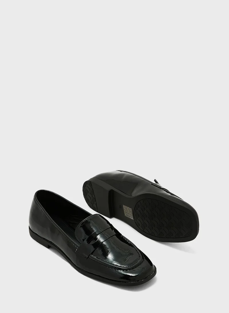 ELLA Black Crinkle Patent Flat Moccasin