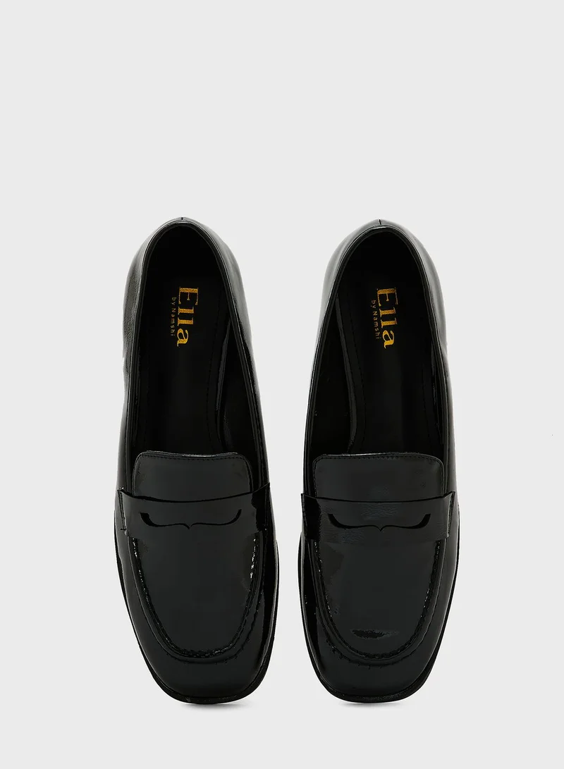 ELLA Black Crinkle Patent Flat Moccasin