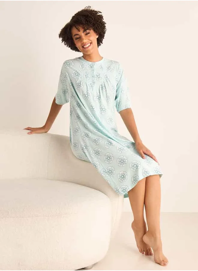 Splash FAV Floral Print Sleepshirt with Button Closure and Short Sleeves