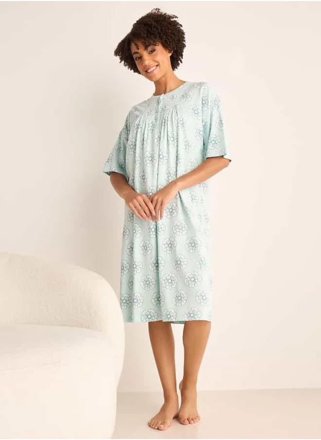 Splash FAV Floral Print Sleepshirt with Button Closure and Short Sleeves