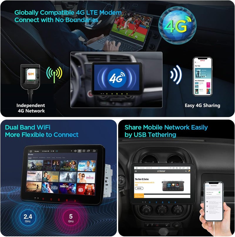 XTRONS 10.1 Inch Double Din Rotatable Android 13 Car Stereo Radio with QLED Touch Screen, GPS Navigation, and 4G LTE - Image 4