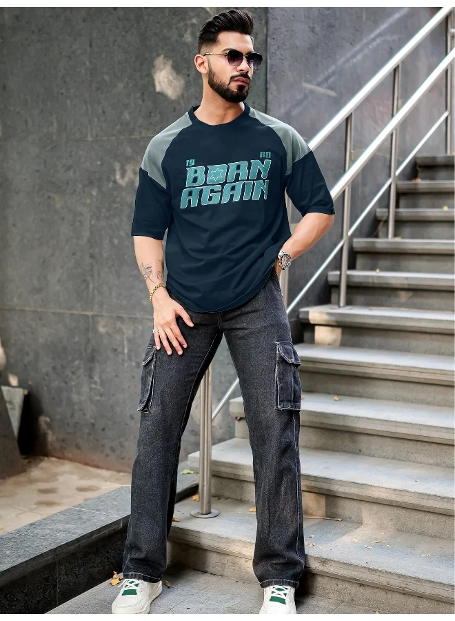 Maniac Mens Printed Round Neck Raglan 3/4th Sleeve Navy and Light Grey Cotton T-Shirt