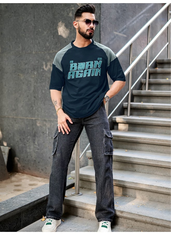 Maniac Mens Printed Round Neck Raglan 3/4th Sleeve Navy and Light Grey Cotton T-Shirt  - Image 5
