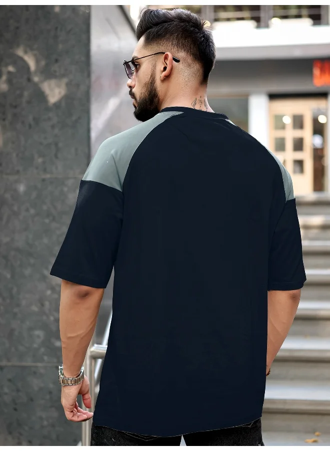 Maniac Mens Printed Round Neck Raglan 3/4th Sleeve Navy and Light Grey Cotton T-Shirt