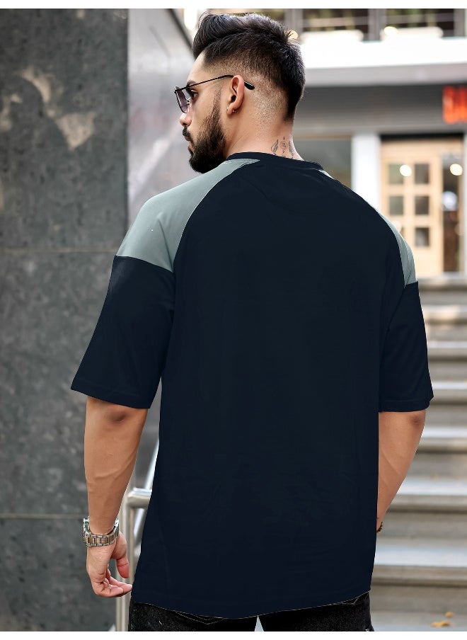 Maniac Mens Printed Round Neck Raglan 3/4th Sleeve Navy and Light Grey Cotton T-Shirt  - Image 3