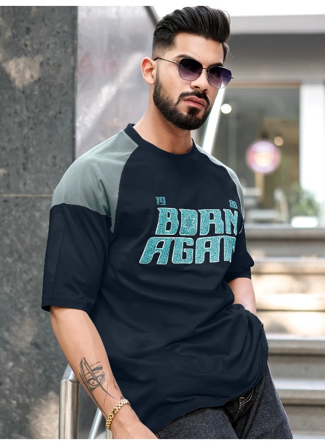 Maniac Mens Printed Round Neck Raglan 3/4th Sleeve Navy and Light Grey Cotton T-Shirt  - Image 2