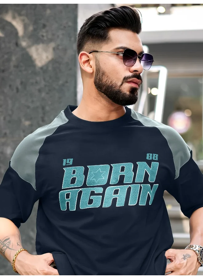 Maniac Mens Printed Round Neck Raglan 3/4th Sleeve Navy and Light Grey Cotton T-Shirt