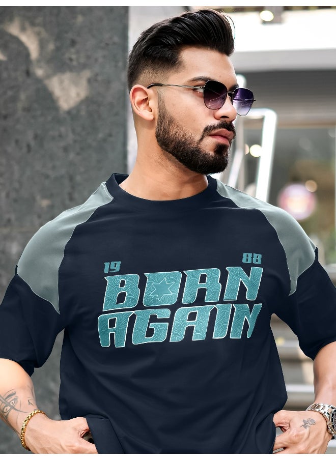 Maniac Mens Printed Round Neck Raglan 3/4th Sleeve Navy and Light Grey Cotton T-Shirt  - Image 1