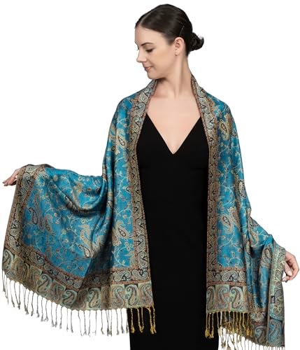 Achillea Soft Silky Reversible Paisley Pashmina Shawl Wrap Scarf w/Fringes (Teal) - Image 4