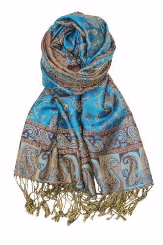 Achillea Soft Silky Reversible Paisley Pashmina Shawl Wrap Scarf w/Fringes (Teal) - Image 1