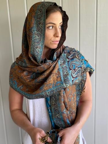 Achillea Soft Silky Reversible Paisley Pashmina Shawl Wrap Scarf w/Fringes (Teal) - Image 2