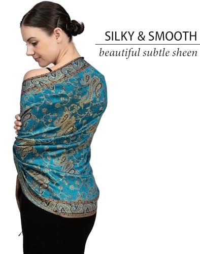 Achillea Soft Silky Reversible Paisley Pashmina Shawl Wrap Scarf w/Fringes (Teal) - Image 5