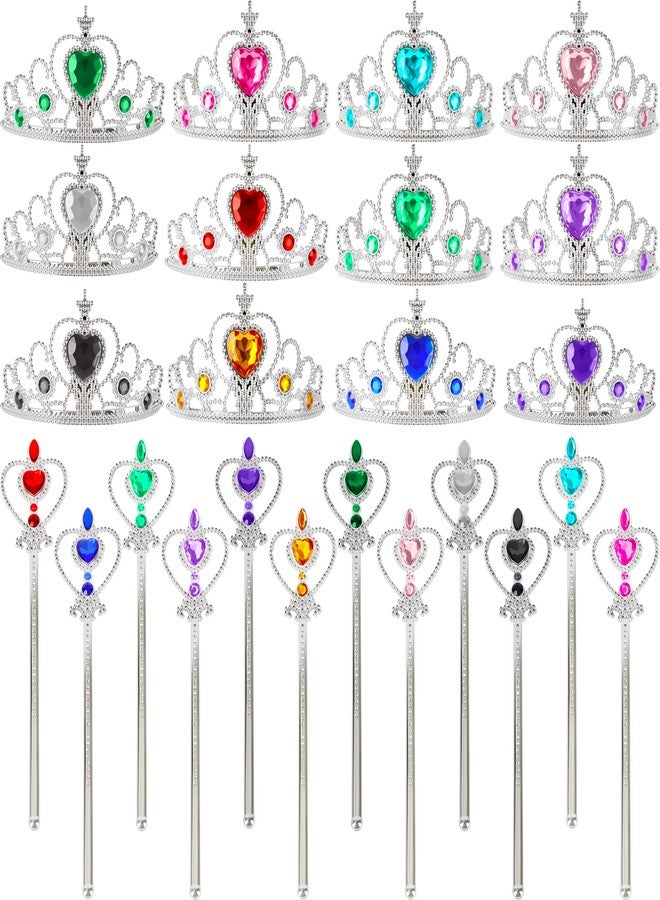 Hoarost 24 Pcs Princess Dress Up Accessories Set Include 12 Pcs Princess Crown Tiara and 12 Pcs Heart Jewel Wands for Cosplay Party Christmas Birthday Gifts - Image 1
