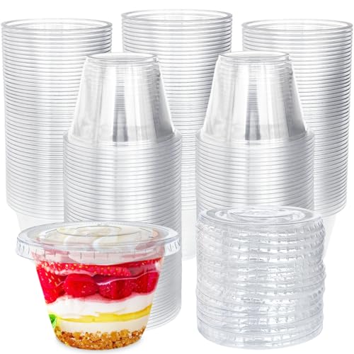 Tiaiidi 100 Pack 6 oz Clear Plastic Cups,Disposable Parfait Cups with Flat Lids(No Hole),Party Dessert Cups for Cold Drinks,Fruit,Cupcake,Ice Cream,Snack - Image 1
