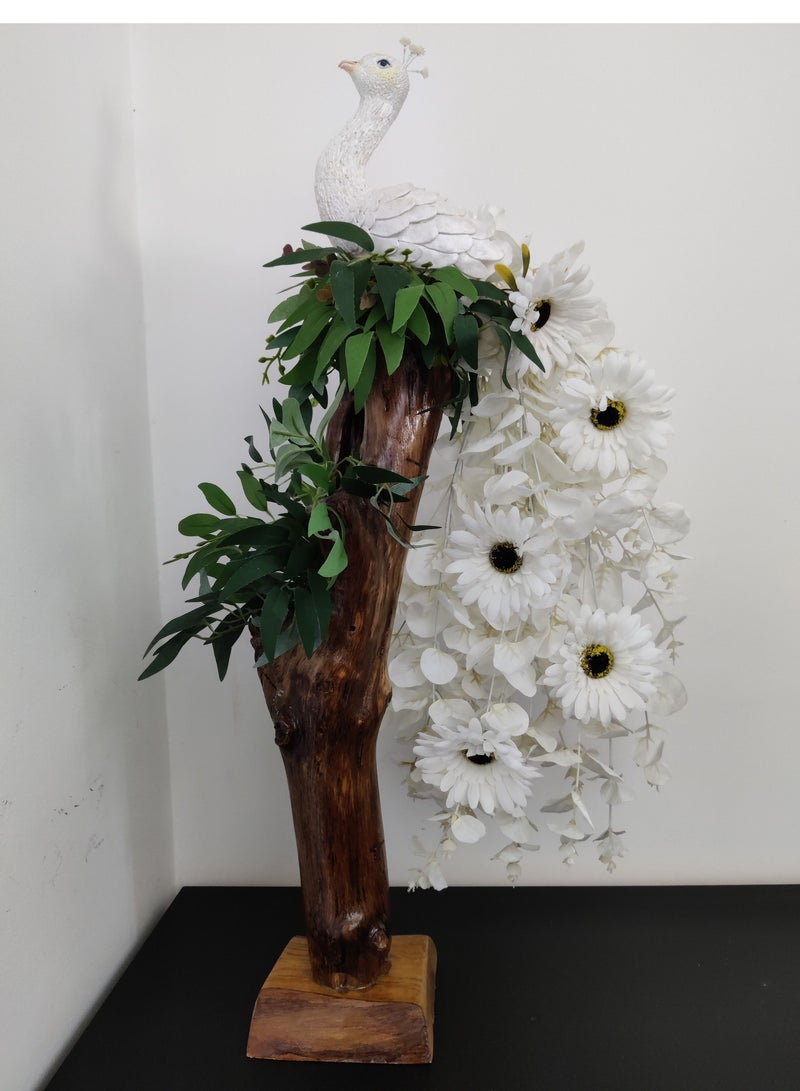 Peacock sculpture on pure teakwood, decorated with artificial flowers  - Image 4