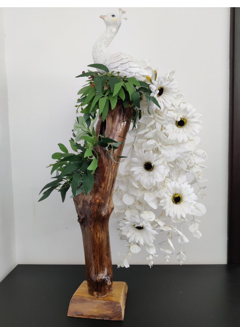 Peacock sculpture on pure teakwood, decorated with artificial flowers  - Image 1