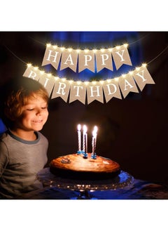 Breling 2 Pieces Burlap Happy Birthday Banner Flags and 2 Pieces Mini LED Fairy Lights Battery Rustic Birthday Banner Garland Bunting for Kid Adult Birthday Party Decoration Fireplace Supplies  - Image 1