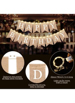 Breling 2 Pieces Burlap Happy Birthday Banner Flags and 2 Pieces Mini LED Fairy Lights Battery Rustic Birthday Banner Garland Bunting for Kid Adult Birthday Party Decoration Fireplace Supplies  - Image 4
