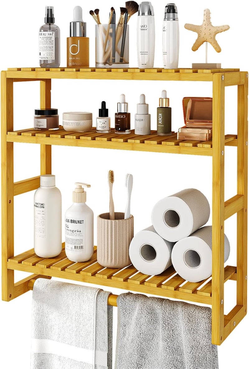 Bamworld Bathroom Shelf Storage Bathroom Organizer Shower Caddy Bathroom Accessories Home Storage and Organizers Adjustable Bamboo shelf 3-Tiered Over Toilet Rack Wall Mount Stand(Natural) - Image 1