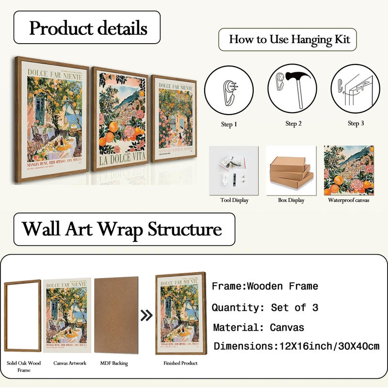 yulihaz Italy Travel Wall Art Set of 3, Amalfi Coast Wall Decor, Trendy Italian Food Kitchen Poster Canvas Prints, Vintage City Landscape Artwork for Dining Room Living Room 12x16 inch Wood Framed - Image 3