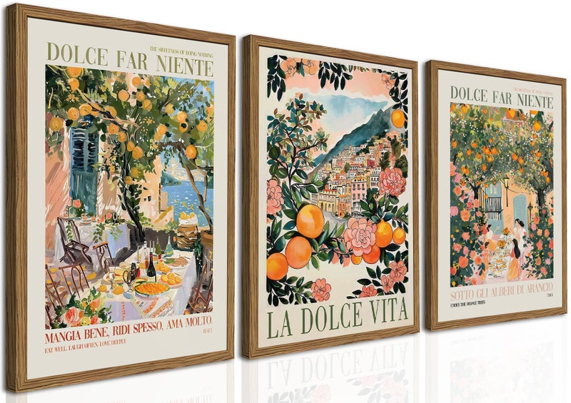 yulihaz Italy Travel Wall Art Set of 3, Amalfi Coast Wall Decor, Trendy Italian Food Kitchen Poster Canvas Prints, Vintage City Landscape Artwork for Dining Room Living Room 12x16 inch Wood Framed - Image 1