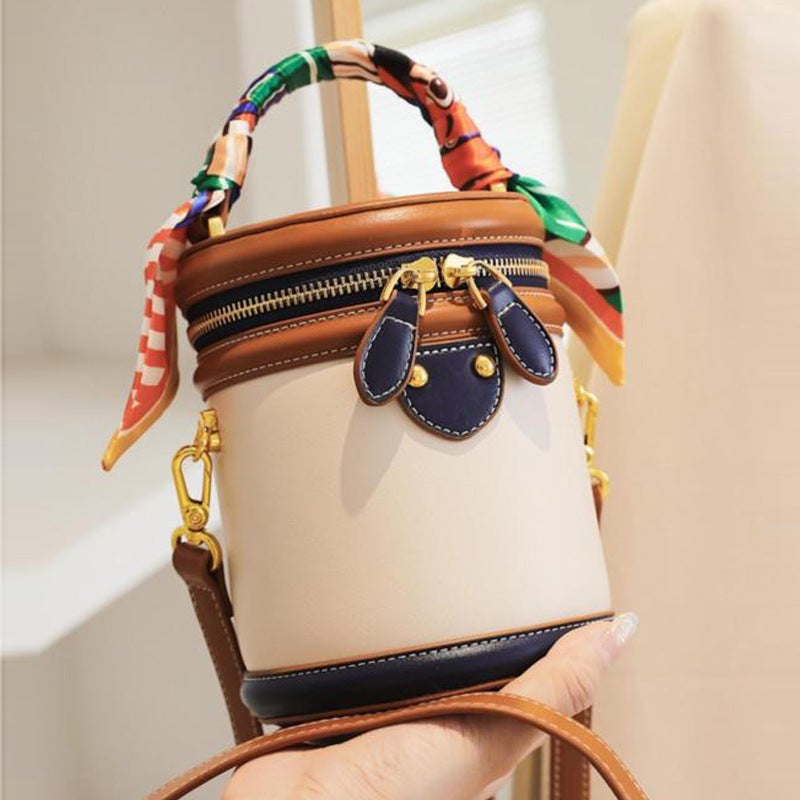 Women's PU Bucket Bag in Brown and Blue - Image 1