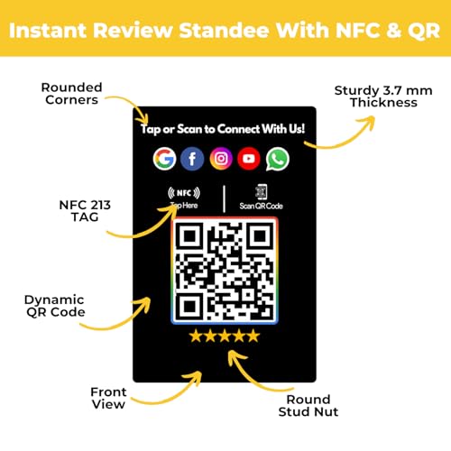 tinydabba All In one NFC Standee for Review, Facebook, Instagram, X, WhatsApp, CRM, YouTube, E-Mail & Website | Along with QR Code | Unlimited Links | UV Printed | Black - Image 5