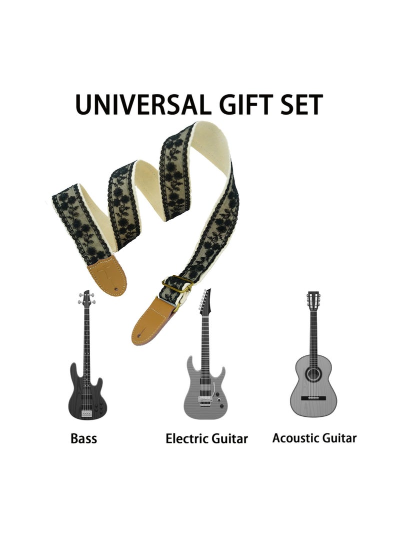 SOLARAE طقم حزام جيتار، قابل للتعديل، حزام أوكوليلي، حزام جيتار كهربائي وباس مع جلد مزدوج الرأس، قطن، دانتيل أسود، يشمل ريش جيتار وقفل حزام جيتار، تصميم دانتيل، لأداء المسرح - Image 4