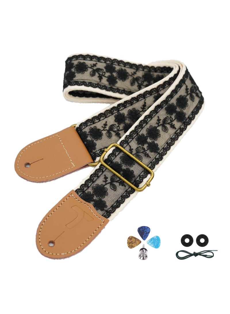 SOLARAE طقم حزام جيتار، قابل للتعديل، حزام أوكوليلي، حزام جيتار كهربائي وباس مع جلد مزدوج الرأس، قطن، دانتيل أسود، يشمل ريش جيتار وقفل حزام جيتار، تصميم دانتيل، لأداء المسرح - Image 1