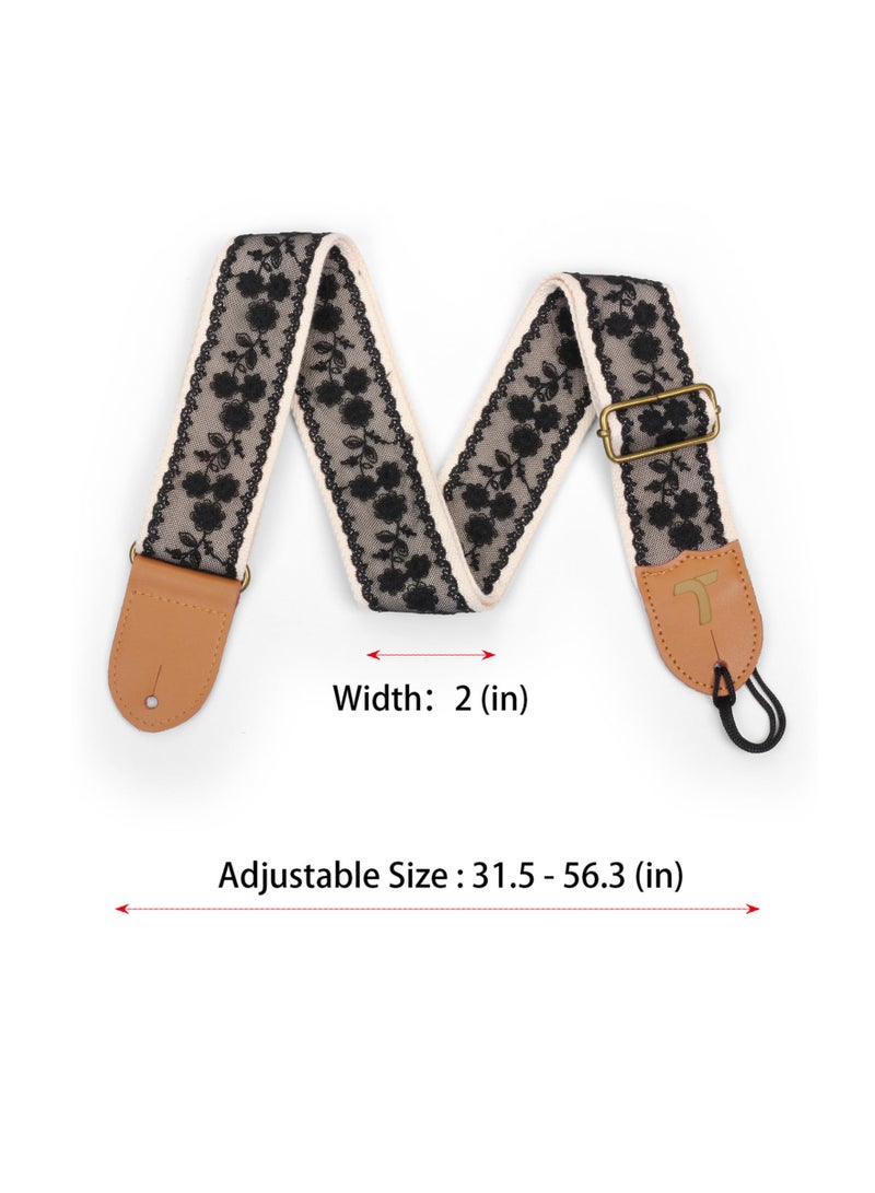 SOLARAE طقم حزام جيتار، قابل للتعديل، حزام أوكوليلي، حزام جيتار كهربائي وباس مع جلد مزدوج الرأس، قطن، دانتيل أسود، يشمل ريش جيتار وقفل حزام جيتار، تصميم دانتيل، لأداء المسرح - Image 3