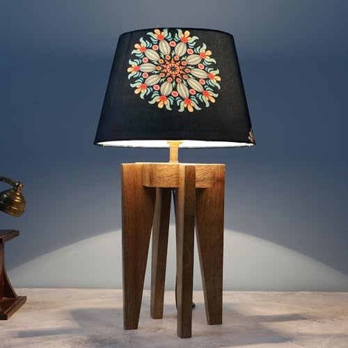 tu casa Handcrafted Wooden Table Lamp with Decorative Mandala Fabric Shade | Modern Bedside & Living Room Lamp | 25.4 x 25 x 41 cm.Floral Print with Satin Shade - Image 1